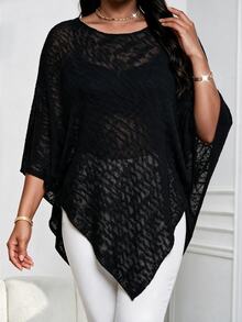 SHEIN Lady CURVE Plus Size Women's Round Neck Asymmetrical Hem Loose Knit Pullover Sweater Fall - Black - View 3