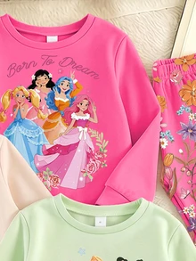 SHEIN 幼童女款公主卡通花卉運動衫與喇叭褲套裝，粉色/綠色/米色（3套組）秋冬款 - 彩色 - 查看 3