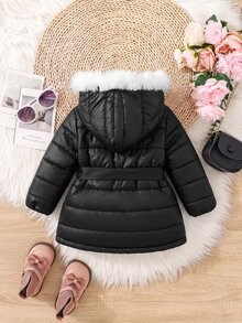 SHEIN طقم معطف مبطن حراري أسود لطيف للبنات الصغيرات في الخريف/الشتاء - الأسود - مشاهدة 2