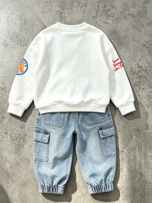 2件組小男孩圓領運動衫與工裝褲套裝，圖案印花上衣套裝，街頭風，適合假日派對，舒適休閒，春夏秋季穿著，柔軟舒適，男嬰首選，時尚休閒穿著，街頭服飾，外出穿搭 - 彩色 - 查看 4