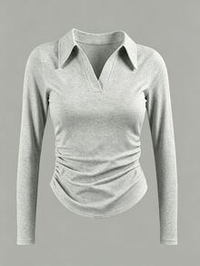 Lalippa 女款 POLO 領長袖 T 恤 3 件套，修身顯瘦休閒極簡風上衣，適合日常通勤穿著，春季/秋季新款女式長袖上衣 - 彩色 - 查看 5