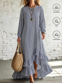 SHEIN Holidaya Women's Spring/Autumn Vintage Striped Artistic Ruffle Hem Casual Fashion Linen Long Sleeve Maxi Dress, Suitable For Outings, Dates And Commuting - Multicolor - View 4