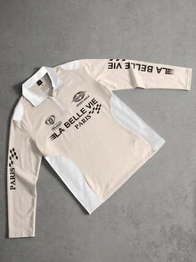 Manfinity Roghcode 男士純色拼接前拉鍊字母圖案 Polo 衫，秋冬長袖翻領 Polo 衫，時尚街頭 INS 風格，Y2K 賽車風，送給男友的完美禮物 - 杏色 - 查看 4