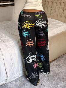 StreetHx Printed Street Style Straight Leg Loose Fit Long Pants - Black - View 2