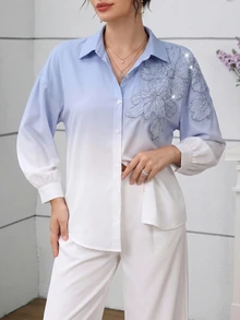 Modelyn Women's Autumn/Winter Gradient Color Collared Long Sleeve Blouse With Heavy Beaded Floral Embroidery, Loose Fit, Dropped Shoulder Lantern Sleeves - Multicolor - View 4