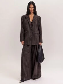 SHEIN BAE Women's Casual Striped Long Sleeve Blazer Jacket For Office And Business - Brown - View 4