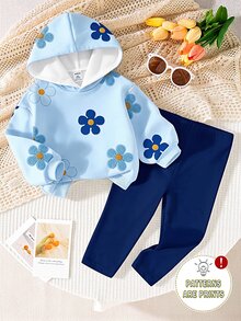 SHEIN Vintaside Kids 1套女嬰休閒可愛全花卉印花連帽衛衣與內搭褲套裝，2件套，適合秋冬，甜美女孩風 - 彩色 - 查看 1