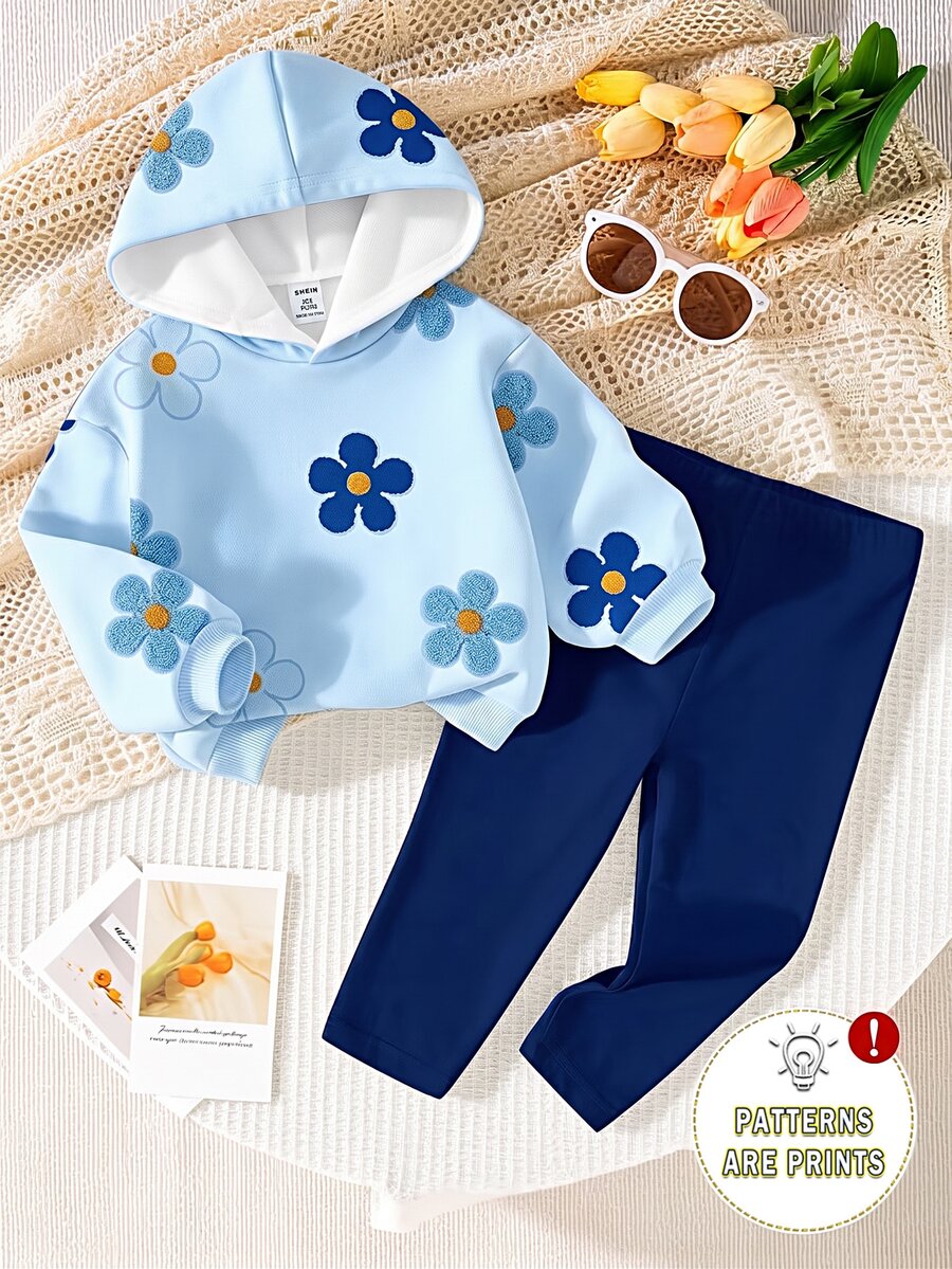 SHEIN Vintaside Kids 1套女嬰休閒可愛全花卉印花連帽衛衣與內搭褲套裝,2件套,適合秋冬,甜美女孩風 - 彩色 - 查看 1