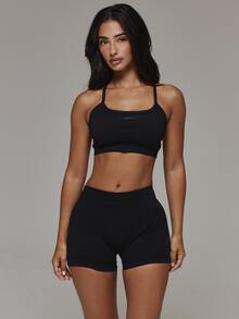 Musera Sport 3 Pieces Logo Printed Seamless Active Multipack With Sports Bra Dipped Back Mini Shorts And Active Legging Sport Essentials Basics Autumn Fall Winter - Black - View 2