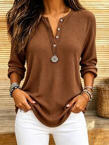EMERY ROSE Women's Casual Knit Pullover Long-Sleeved Herringbone Sweater With Half-Open Neckline - Brown - View 4