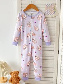 1件裝少女針織高彈性貼身舒適柔軟可愛紫色滿版印花家居服，秋冬季節，居家穿著，百搭時尚，最佳選擇 - 紫色 - 查看 8