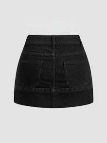 SHEIN MOD 女款不對稱腰頭口袋休閒牛仔裙 - 黑色 - 查看 2