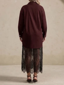 Elegantrix Plus Size Black Plus Size Shirt Dress With Sheer Lace Maxi Skirt, Elegant Long Sleeve Layered Outfit For Daily Fall - Chocolate Brown - View 2