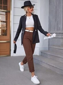 Slaydiva Plus Size Women Solid Color Fashion Casual Versatile Jeans - Coffee Brown - View 9