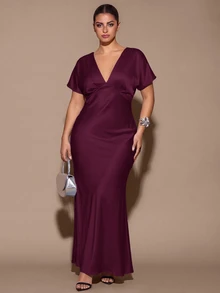 SHEIN BAE CURVE V-Neck Batwing Sleeve Solid Color Mermaid Dress - Maroon - View 1