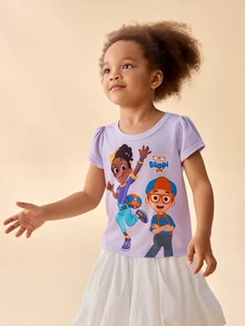 Blippi X SHEIN Young Girls Cartoon Print Cap Sleeve T-Shirt - Purple - View 6