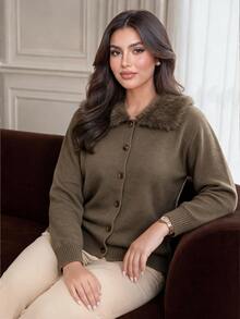 Dripcurv Plus Size Women Fur Collar Knit Cardigan - Brown - View 1