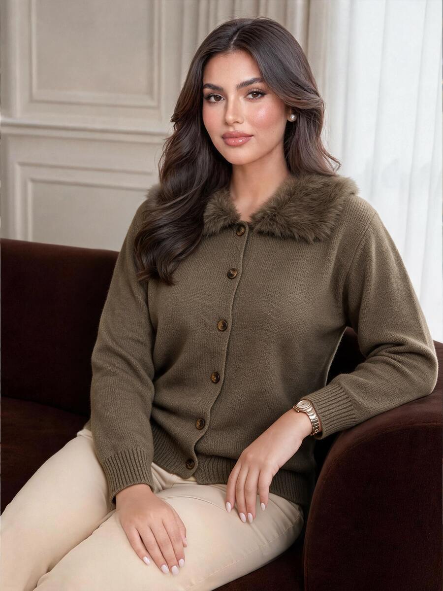 Dripcurv Plus Size Women Fur Collar Knit Cardigan - Brown - View 1