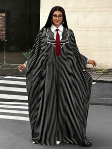 Mawevolt Preppy Style Youthful Mid-Length Blue & White Vertical Striped Loose Batwing Sleeve Shirt Dress Fall - Black and White - View 3