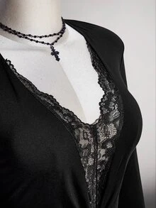 SHEIN ICON Women Plus Size Lace Patchwork Casual Daily Long Sleeve Bodysuit - Black - View 8