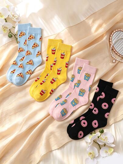 SHEIN 1/4 Pairs Women's Fun Food Print Mid-Calf Leg Warmers, Pizza Cola Fries Donut Cartoon Leg Warmers, Quirky Color-Block Leg Warmers, Casual Personalized Long Leg Warmers Set