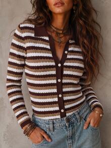 Solivie Women's Colorblock Striped Pattern Long Sleeve Shirt Collar Button Front Knit Cardigan - Coffee Brown - View 10
