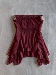 IslaSuriya Women's Lace Patchwork Asymmetrical Hem Tube Top - Burgundy - View 2