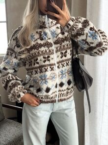 CovetEZ Women's High Neck Zipper Fleece Texture Fashion Jacket - Khaki - View 1