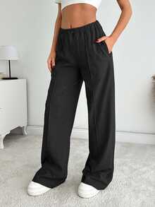SHEIN Women Solid Color Mid Waist Straight Sweatpants - Black - View 4