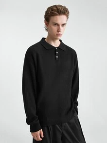 RONVEXI Men's Black Autumn Casual Basic Smart Casual Smart Office Solid Color Minimalist Zip-Up Long Sleeve Cashmere Sweater Buttoned Knitted Polo Neck - Black - View 3