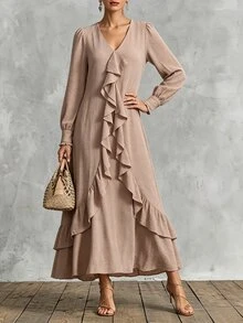 SHEIN PariChic Women's Solid Color Long Sleeve Patchwork Ruffle V-Neck Elegant Dress - Apricot - View 4