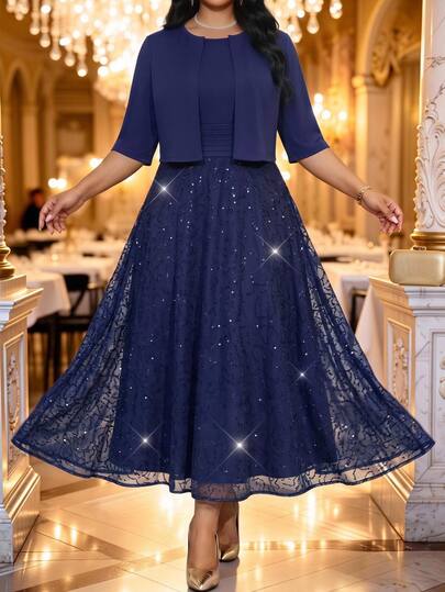 Fleurora Plus Size Vacation Sequin Pleated Dress And Jacket 2 Pieces Set