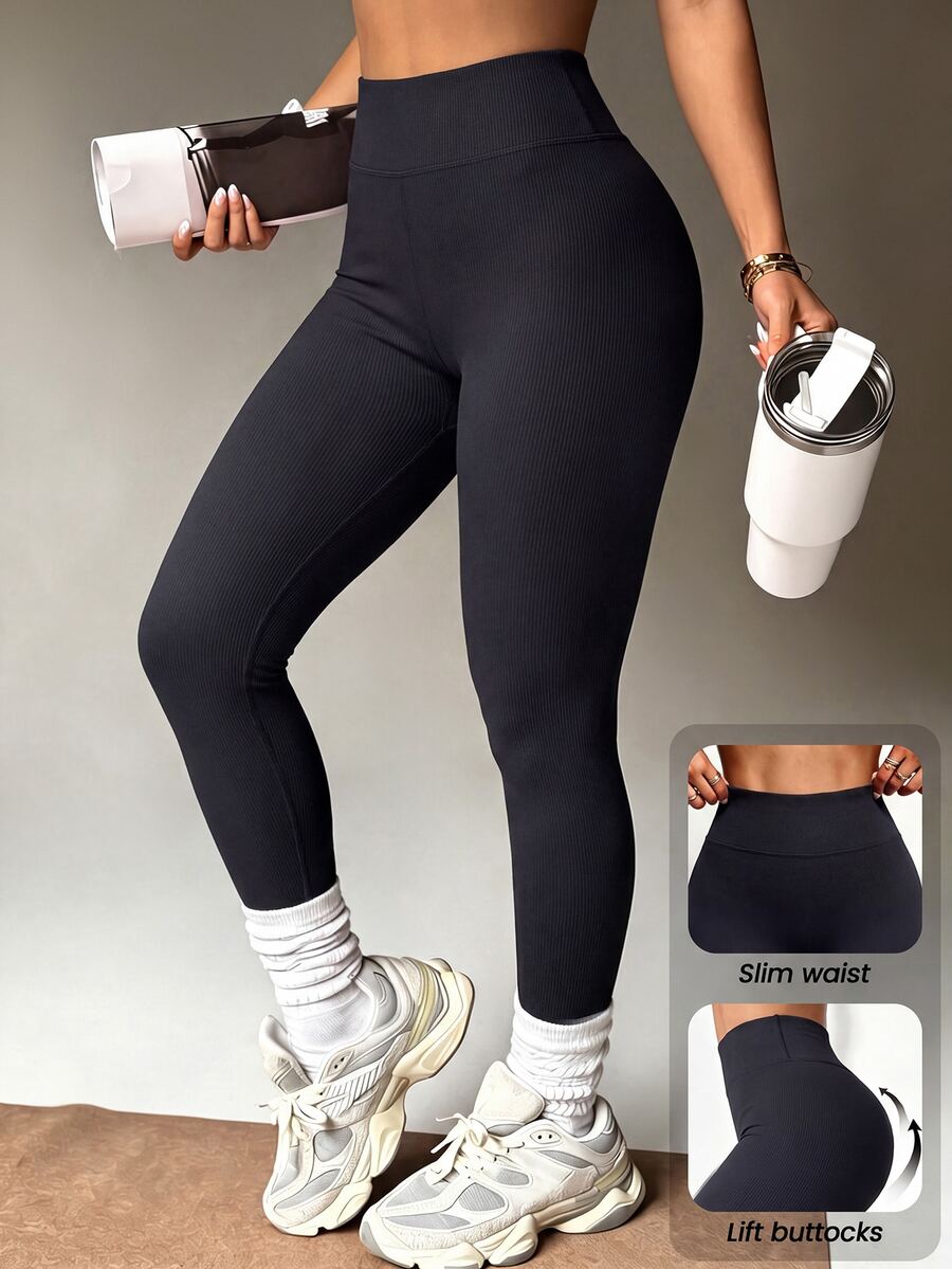 Easithlete Legging Bertekstur Bergaris Ukuran Besar, Pas Ketat, Mengangkat Bokong, Celana Olahraga Berkerut - Navy Blue - View 1