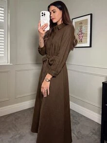 SHEIN Clasi 女款優雅襯衫領繫帶洋裝 辦公室咖啡棕色 秋季 - 棕色 - 查看 7
