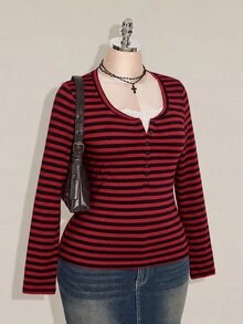 SHEIN ICON Women's Plus Size Autumn/Winter Contrast Lace Black & Gray Striped Fitted T-Shirt Fall - Multicolor - View 5