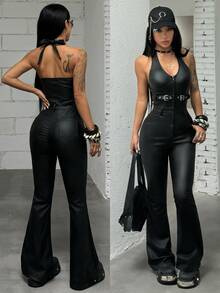 Jeanoix Women's Solid Color Casual Daily Wear Halter Neck Jumpsuit - Black - View 1