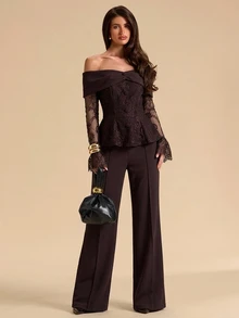 SHEIN BAE Women's Off-Shoulder Lace Bell Sleeve Top And Flared Pants Elegant Suit Set - Brown - View 3