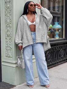 Slaydiva Plus Size Women's Hoodie, Grey Batwing Irregular Hem Plus Size Zip Up Cardigan Sweatshirt - Grey - View 3