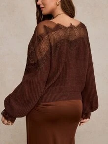 Freevana Slouchy Plus Size Women's Contrast Lace Design High-End Cold Shoulder Knit Top - Mocha Brown - View 2