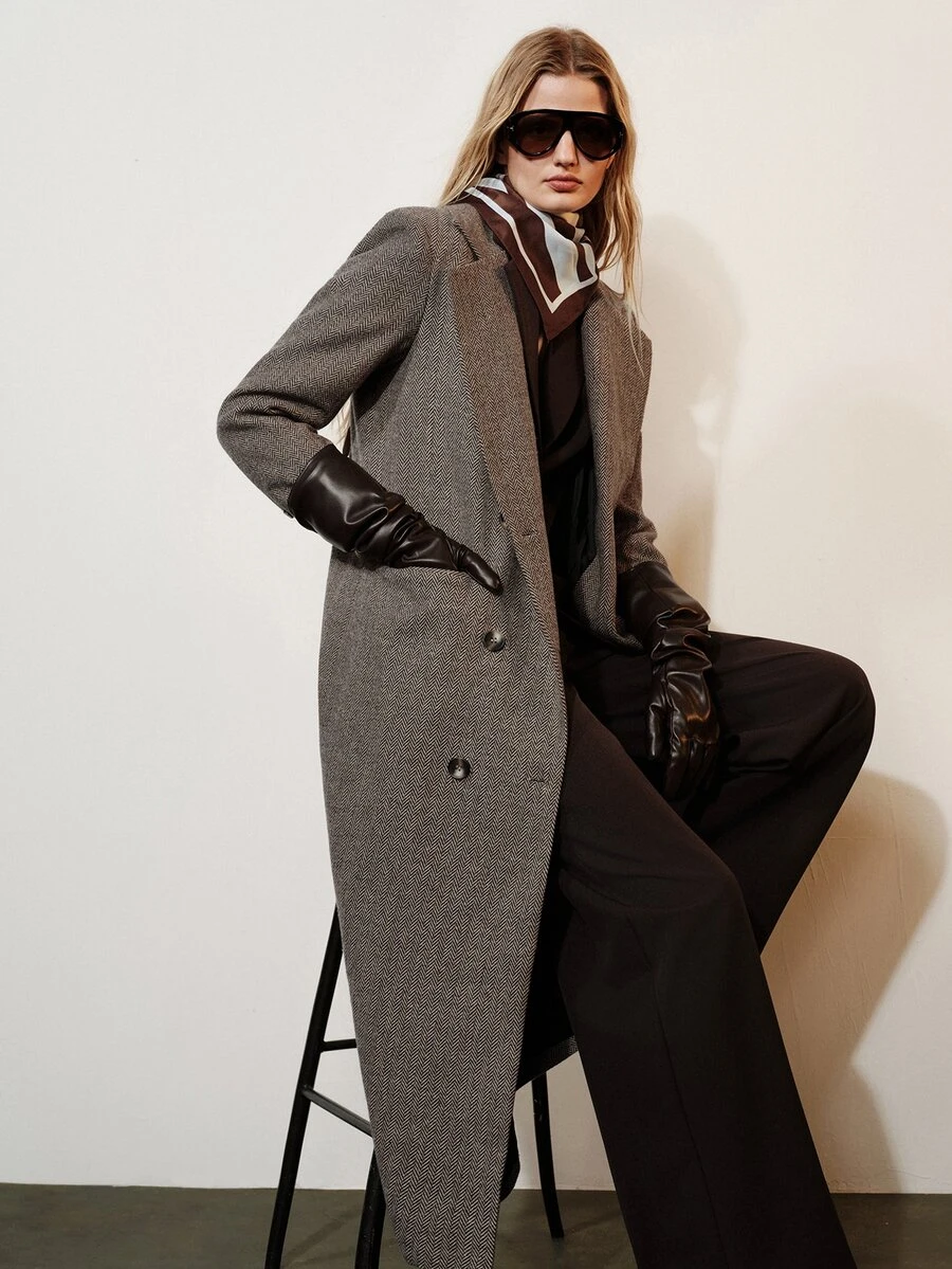 Aveloria Modichic Women's Woolen Coat Straight Double Breasted Herringbone Woolen Suit Lapel Flap Pockets Elegant Grey Herringbone Fall Clothes For Women Christmas - Multicolor - View 1