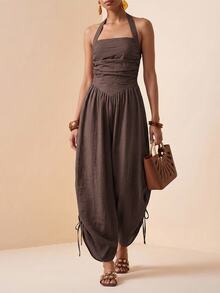 Zivah Women's Halter Neck Backless Tie Back Wide Leg Drawstring Jumpsuit - Coffee Brown - View 7