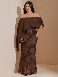 SHEIN CURVE+ 大尺碼女款露肩花卉刺繡網紗拼接洋裝，棕色秋冬優雅1920年代風，適合婚禮正式場合，5XL-8XL - 棕色 - 查看 1