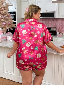 Slumberry CURVE Sweet Cute Christmas Print Open Front Lapel Satin Plus Size Pajama Set - Multicolor - View 2