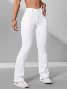 SHEIN ICON 女款休閒日常旅行牛仔褲，附口袋與鈕扣設計 - 白色 - 查看 4