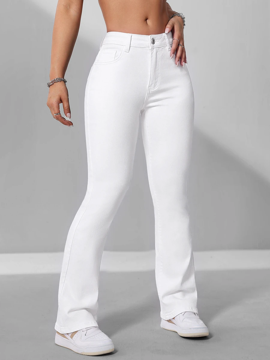 SHEIN ICON Women's Casual Daily Travel Denim Jeans With Pockets And Buttons - White - View 1
