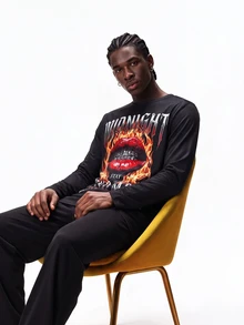 Rest Era Cartoon Print Round Neck Long Sleeve Long Pants Men's Loungewear Set - Black - View 5