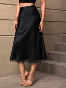 SHEIN LUNE Casual Women's Autumn/Winter Satin Lace Trim Skirt - Black - View 3