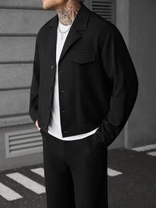 SLATEMANN Men's Fashion Minimalist Solid Color Business Commute Button Long Sleeve Jacket - Black - View 5