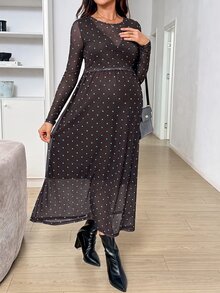 SHEIN 波點印花長袖圓領高腰休閒孕婦洋裝 秋季 - 咖啡棕 - 查看 6