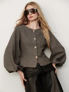 Aveloria Modichic Women's Solid Color Casual Versatile Daily Wear Lantern Sleeve Jacket - Coffee Brown - View 6